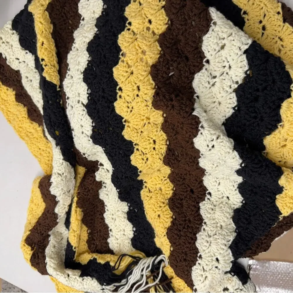 Large Handmade Crochet Throw Blanket Yellow Brown Black 53 X 58 Accent Decor